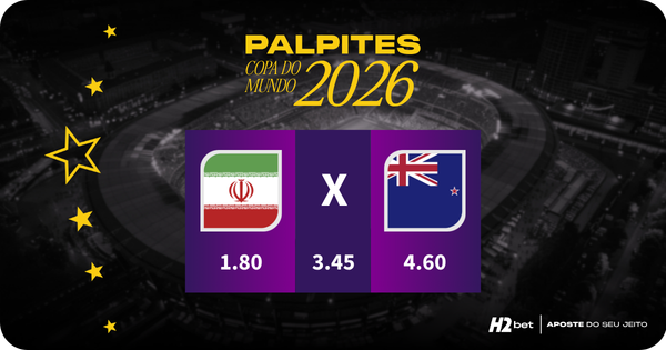 banner com o título Palpites Copa do Mundo 2026 e as bandeiras de Irã e Nova Zelândia, com as odds para irã em 1.80, empate em 3.45 e nova zelândia em 4.60 para mercado de resultado final