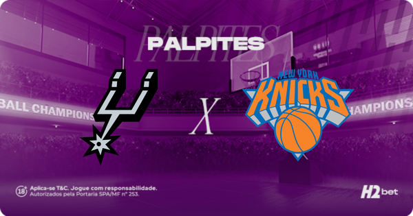 Banner promocional de palpites esportivos da H2bet para o confronto da NBA entre San Antonio Spurs e New York Knicks. No centro da imagem, destacam-se os logotipos oficiais das franquias San Antonio Spurs e New York Knicks, separados por um "X" branco que indica a partida. Acima deles, o título "PALPITES" ganha destaque. O cenário de fundo apresenta uma arena de basquete lotada sob um filtro de cor roxa. No canto inferior direito, encontra-se o logotipo da H2bet, acompanhado por selos de jogo responsável e licenciamento no canto inferior esquerdo. Arte focada em prognósticos e apostas de basquete.